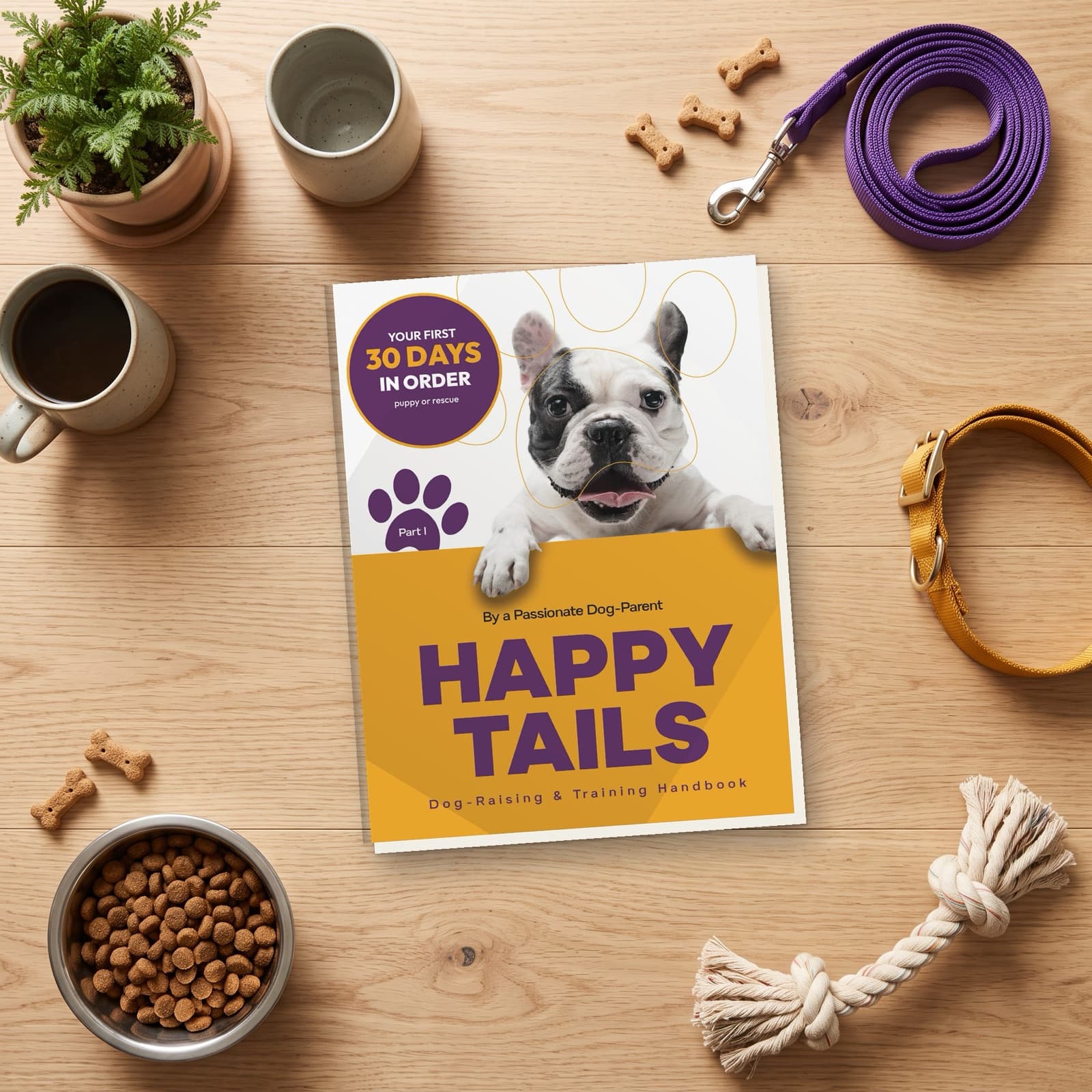 The book on a wooden floor with a leash, a food bowl and treats