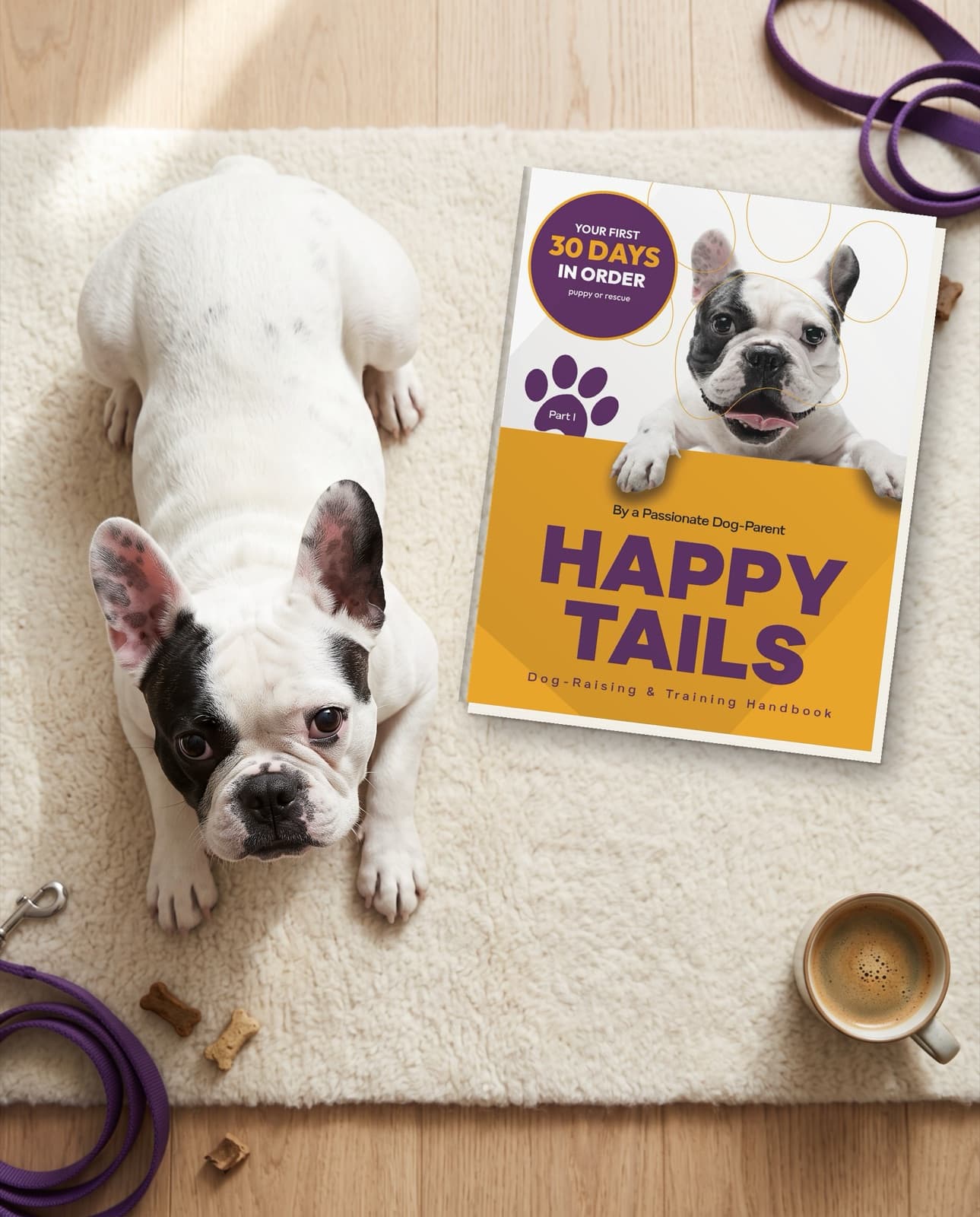 The Happy Tails book on a cream rug beside a French Bulldog