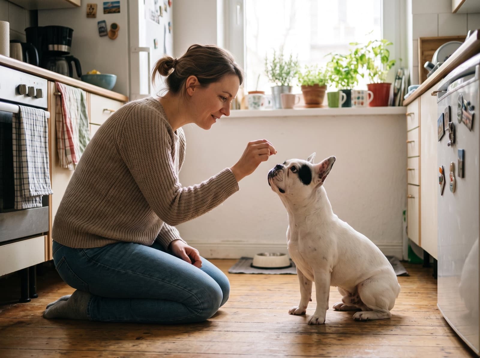 A woman kneeling in the kitchen as her French Bulldog sits and looks up for a treat