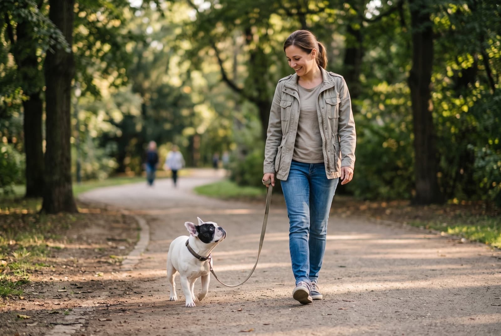 A woman walking her French Bulldog on a loose leash along a park path